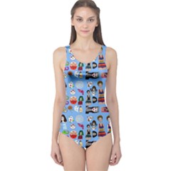 Drawing Collage Blue One Piece Swimsuit by snowwhitegirl