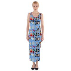 Drawing Collage Blue Fitted Maxi Dress