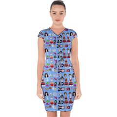 Drawing Collage Blue Capsleeve Drawstring Dress 