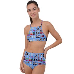 Drawing Collage Blue High Waist Tankini Set by snowwhitegirl