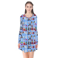 Drawing Collage Blue Long Sleeve V-neck Flare Dress