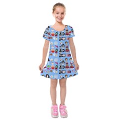 Drawing Collage Blue Kids  Short Sleeve Velvet Dress