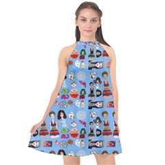 Drawing Collage Blue Halter Neckline Chiffon Dress 