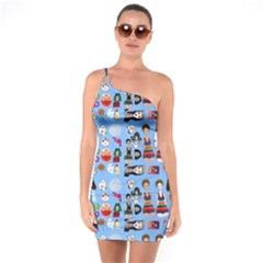 Drawing Collage Blue One Soulder Bodycon Dress