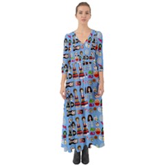 Drawing Collage Blue Button Up Boho Maxi Dress by snowwhitegirl