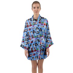 Drawing Collage Blue Long Sleeve Satin Kimono