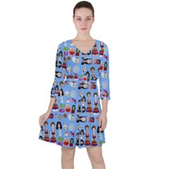 Drawing Collage Blue Quarter Sleeve Ruffle Waist Dress