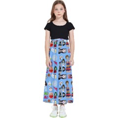 Drawing Collage Blue Kids  Flared Maxi Skirt