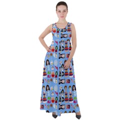 Drawing Collage Blue Empire Waist Velour Maxi Dress