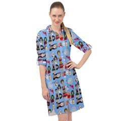 Drawing Collage Blue Long Sleeve Mini Shirt Dress