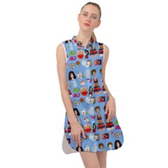 Drawing Collage Blue Sleeveless Shirt Dress