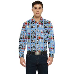 Drawing Collage Blue Men s Long Sleeve Pocket Shirt 