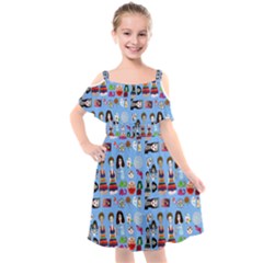 Drawing Collage Blue Kids  Cut Out Shoulders Chiffon Dress