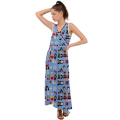 Drawing Collage Blue V-neck Chiffon Maxi Dress by snowwhitegirl