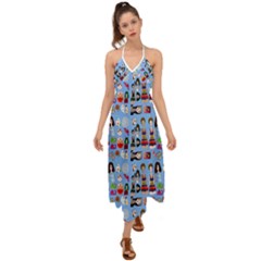 Drawing Collage Blue Halter Tie Back Dress 