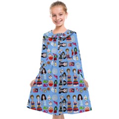 Drawing Collage Blue Kids  Midi Sailor Dress