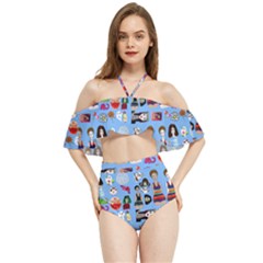 Drawing Collage Blue Halter Flowy Bikini Set 