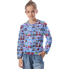 Drawing Collage Blue Kids  Long Sleeve Tee With Frill 