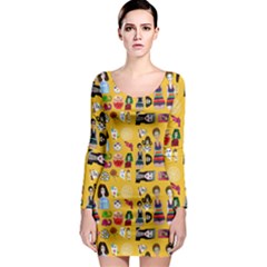 Drawing Collage Yellow Long Sleeve Bodycon Dress