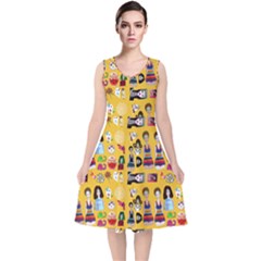 Drawing Collage Yellow V-neck Midi Sleeveless Dress 