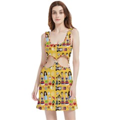 Drawing Collage Yellow Velvet Cutout Dress