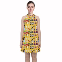 Drawing Collage Yellow Velvet Halter Neckline Dress  by snowwhitegirl