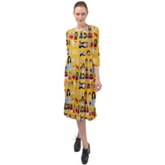 Drawing Collage Yellow Ruffle End Midi Chiffon Dress