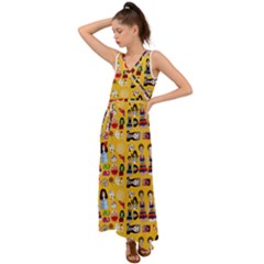 Drawing Collage Yellow V-neck Chiffon Maxi Dress by snowwhitegirl