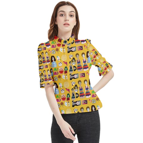 Drawing Collage Yellow Frill Neck Blouse by snowwhitegirl