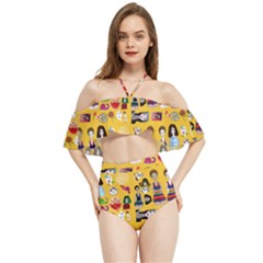 Drawing Collage Yellow Halter Flowy Bikini Set 