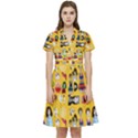 Drawing Collage Yellow Short Sleeve Waist Detail Dress View1