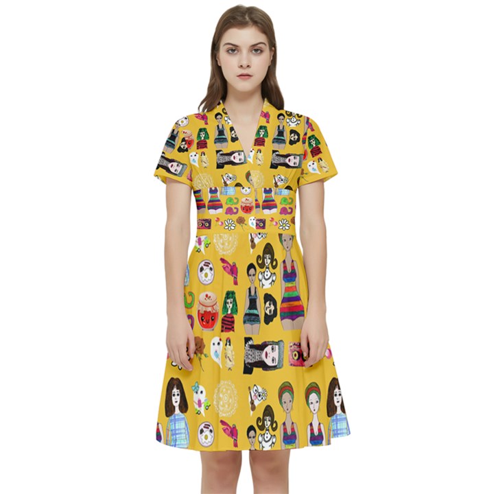 Drawing Collage Yellow Short Sleeve Waist Detail Dress