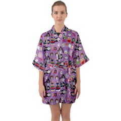 Drawing Collage Purple Half Sleeve Satin Kimono 