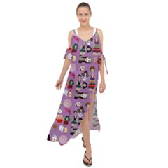 Drawing Collage Purple Maxi Chiffon Cover Up Dress