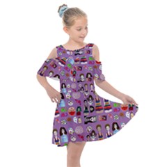 Drawing Collage Purple Kids  Shoulder Cutout Chiffon Dress