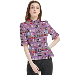 Drawing Collage Purple Frill Neck Blouse