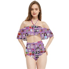 Drawing Collage Purple Halter Flowy Bikini Set 