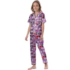 Drawing Collage Purple Kids  Satin Short Sleeve Pajamas Set