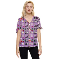 Drawing Collage Purple Bow Sleeve Button Up Top