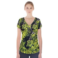 Acid Green Patterns Short Sleeve Front Detail Top by kaleidomarblingart