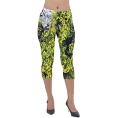 Acid Green Patterns Lightweight Velour Capri Leggings  by kaleidomarblingart