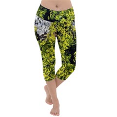 Acid Green Patterns Lightweight Velour Capri Yoga Leggings by kaleidomarblingart