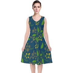 Folk Floral Art Pattern  Flowers Abstract Surface Design  Seamless Pattern V-neck Midi Sleeveless Dress  by Eskimos