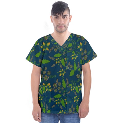 Folk Floral Art Pattern  Flowers Abstract Surface Design  Seamless Pattern Men s V-neck Scrub Top by Eskimos