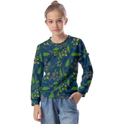 Folk Floral Art Pattern  Flowers Abstract Surface Design  Seamless Pattern Kids  Long Sleeve Tee With Frill  by Eskimos