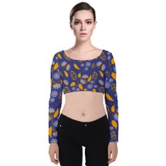 Folk Floral Art Pattern  Flowers Abstract Surface Design  Seamless Pattern Velvet Long Sleeve Crop Top by Eskimos