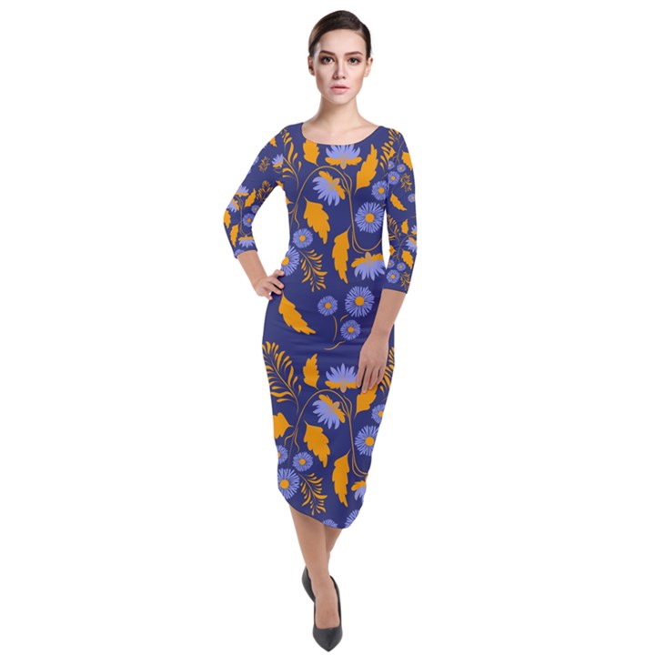 Folk floral art pattern. Flowers abstract surface design. Seamless pattern Quarter Sleeve Midi Velour Bodycon Dress