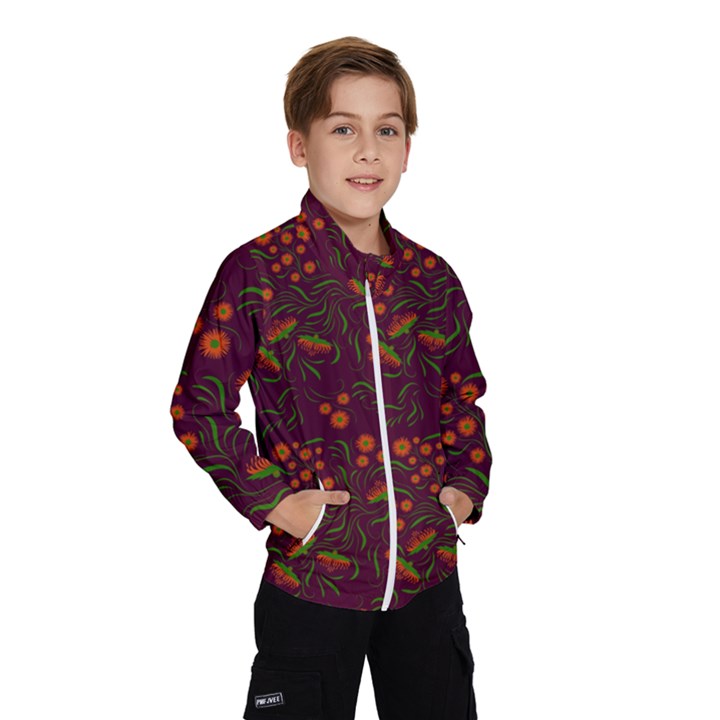 Folk floral art pattern. Flowers abstract surface design. Seamless pattern Kids  Windbreaker