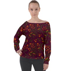 Folk Floral Art Pattern  Flowers Abstract Surface Design  Seamless Pattern Off Shoulder Long Sleeve Velour Top by Eskimos