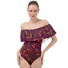 Folk Floral Art Pattern  Flowers Abstract Surface Design  Seamless Pattern Off Shoulder Velour Bodysuit  by Eskimos